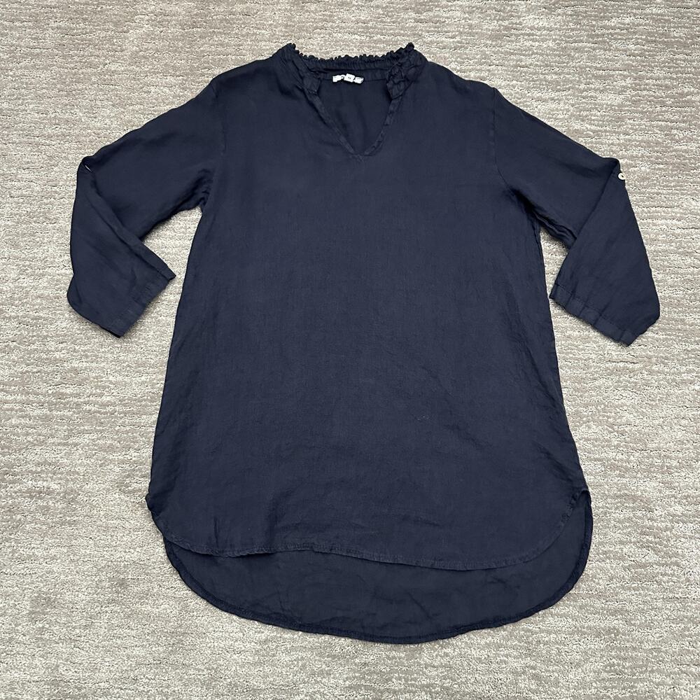 Rosemarie Shirt Womens Medium Navy 100% Linen Ruffle Neck Tunic Top Made Italy